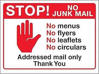 V Safety Stop! No Junk Mail, No Menus...Addressed Mail Only, Thank You 150 x 100 mm - Glow In The Dark Self Adhesive Vinyl Safety Sign