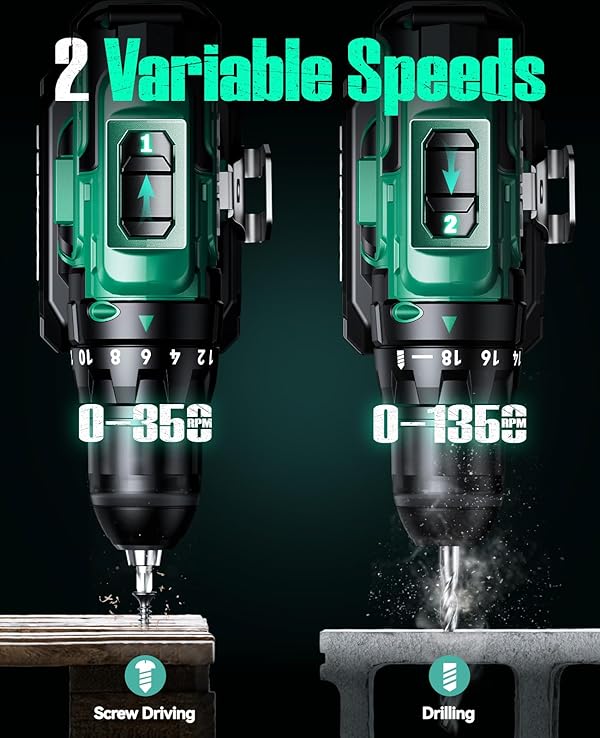 KIMO Cordless Drill Set with 20V 2.0Ah Battery 2 Packs, 0-1350 RPM, Max 350 In-lb Torque, 3/8" Keyless Chuck, 18+2 Clutch Setting, 18pcs Accessories, Power Drill for Drilling Wood Bricks Walls Metal by K I M O. - Image 3