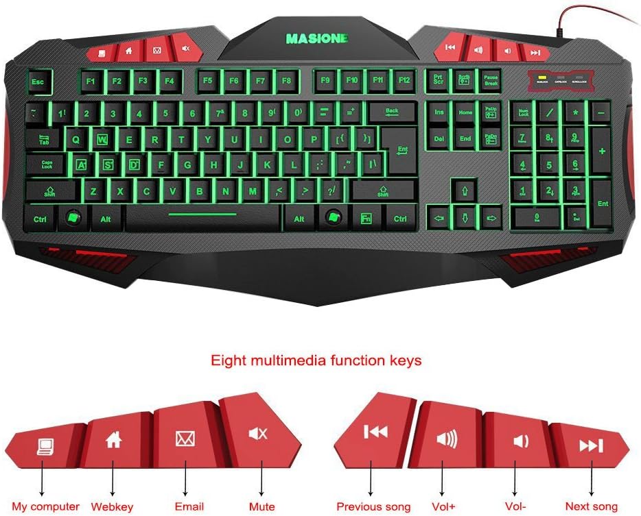 Masione Domineering LED USB Gaming Keyboard with 7 Adjustable Colorful Backlights