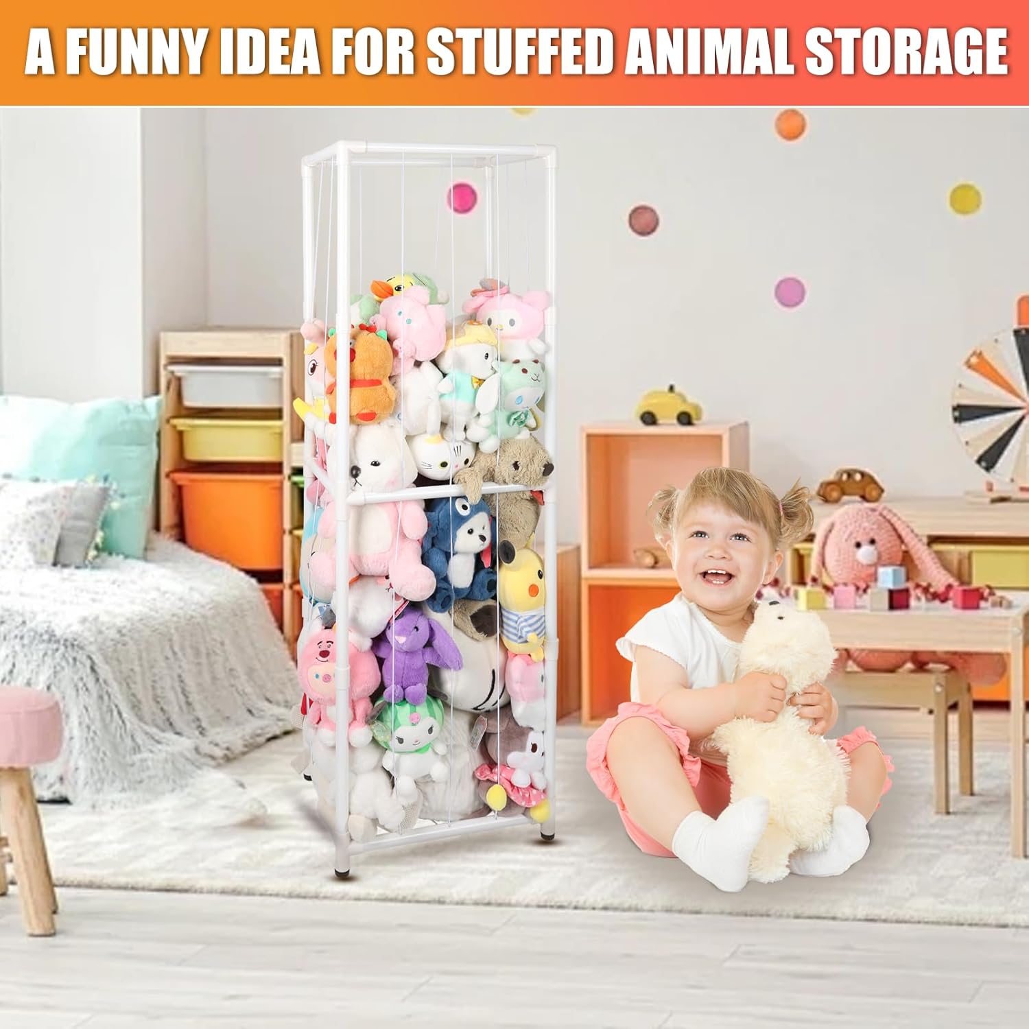 Stuffed Animal Storage Zoo Stuffed Animal Holder,Off-Ground and Space Save Vertical Stuffed Animals Organizer PVC with Elastic for Bedroom Playroom (White, Large)