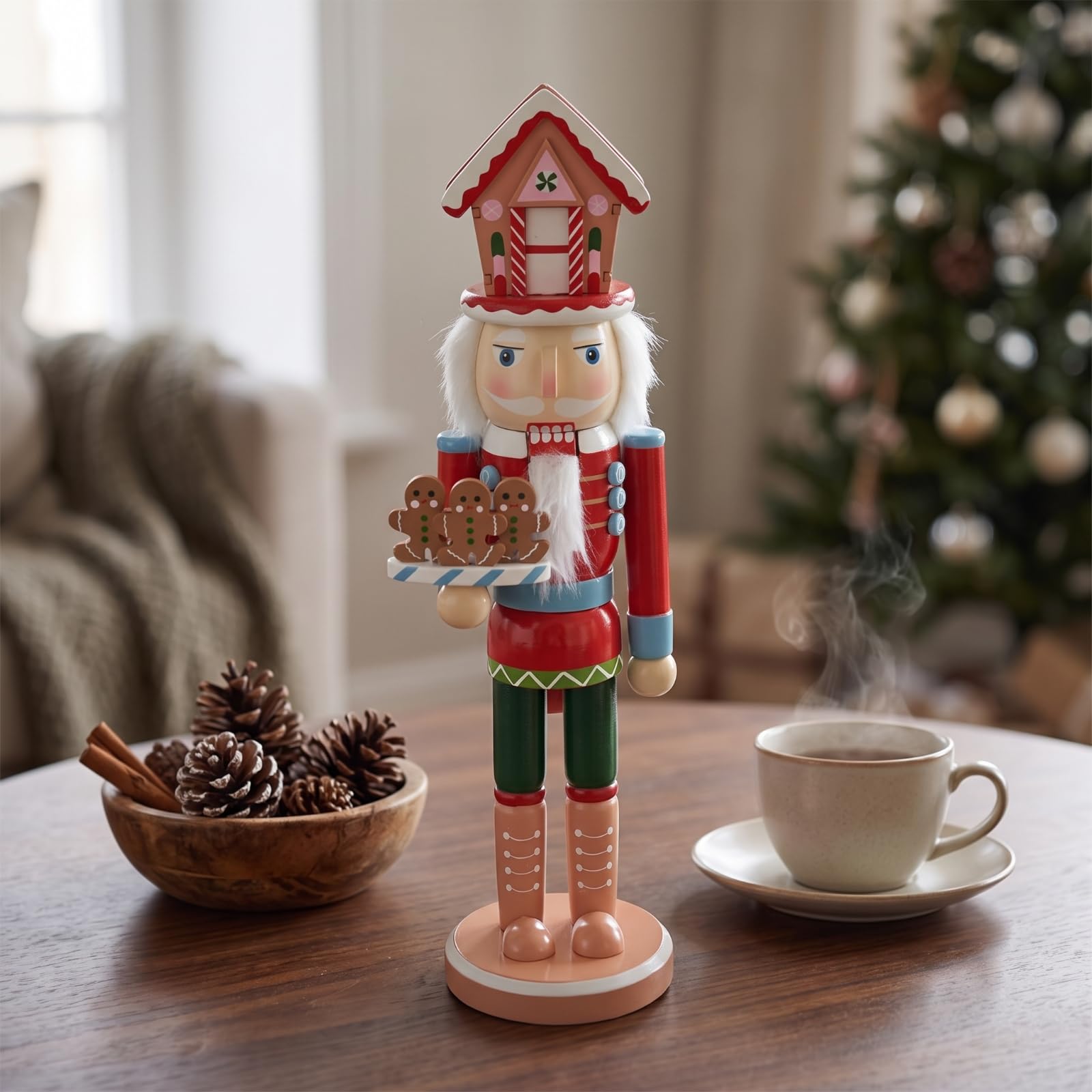 Harilla Figura de Festivo Muñeco Adorno Navideño Decoración de Mesa Centro de Mesa Base Redonda Estable Madera con Bandeja Decorativa