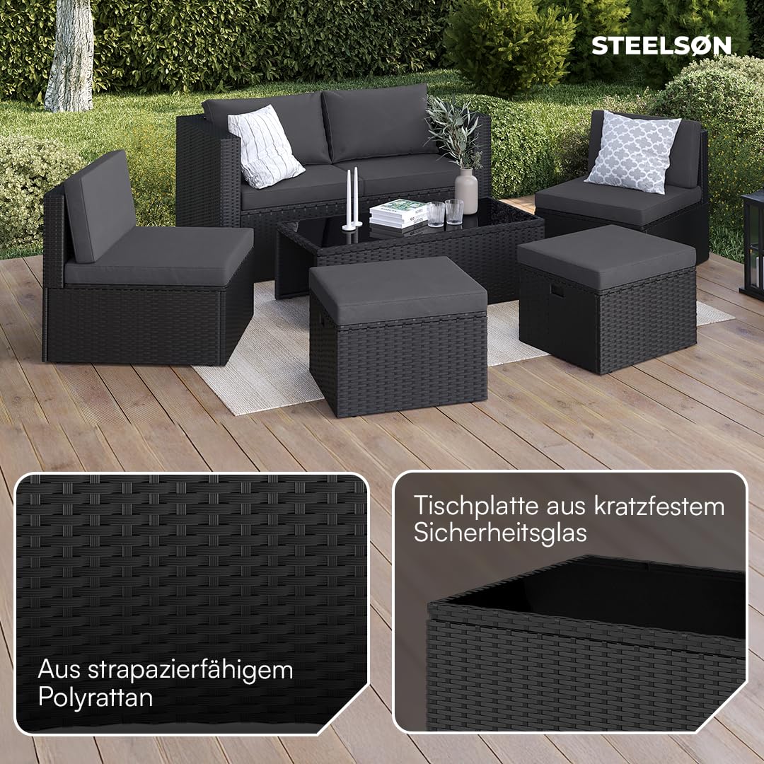 STEELSØN Noctura Rattan Gartenmöbel Set 6-TLG. – Gartenlounge mit Sofa, Sessel, Tisch & Hocker – Sitzgruppe Outdoor schwarz/anthrazit Garten/Balkon/Terasse – Sitzgarnitur Set Metallgestell wetterfest