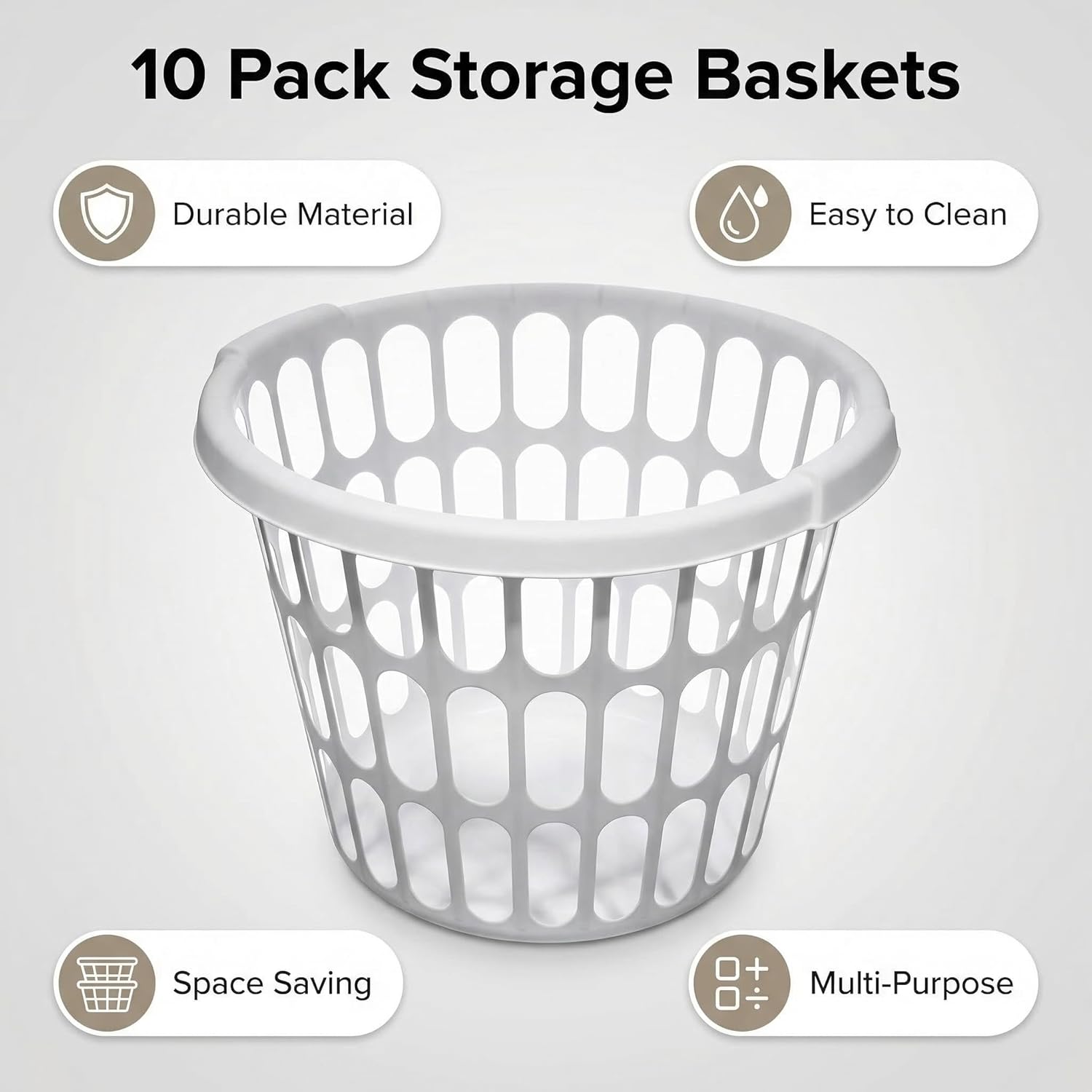10 Pack 1-Bushel Round Plastic Laundry Baskets, White Ventilated Laundry Hamper with Handles, Durable Storage Baskets for Laundry Room, Bedroom, Bathroom, Dorm