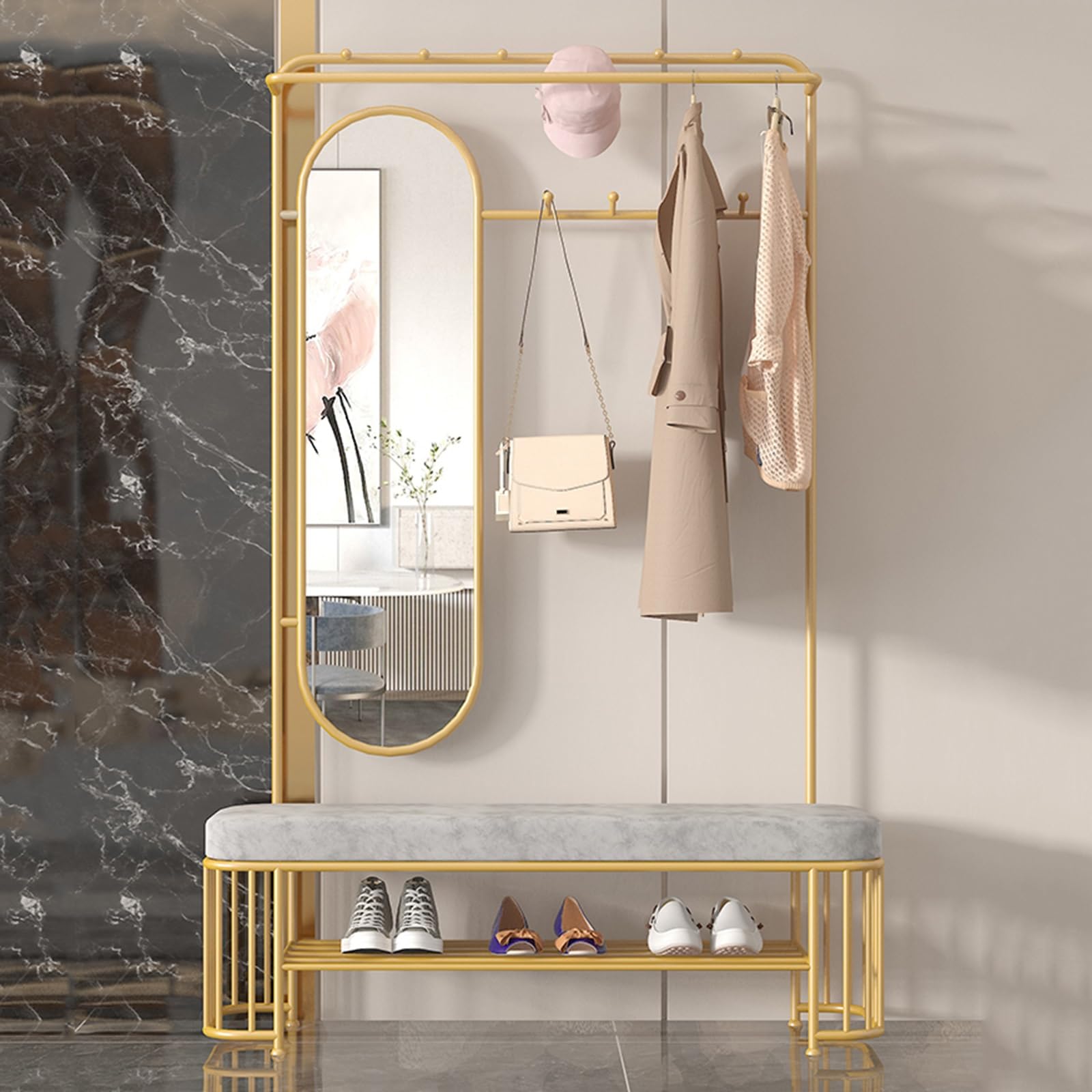 FGXHHS Freestanding Shoe Rack with Mirror - Entryway Coat Tree & Sto Bench Hoo, Perfect for Smals in Hallway, Bedroom, Mudroom, Living Room (Grey, 80cm)