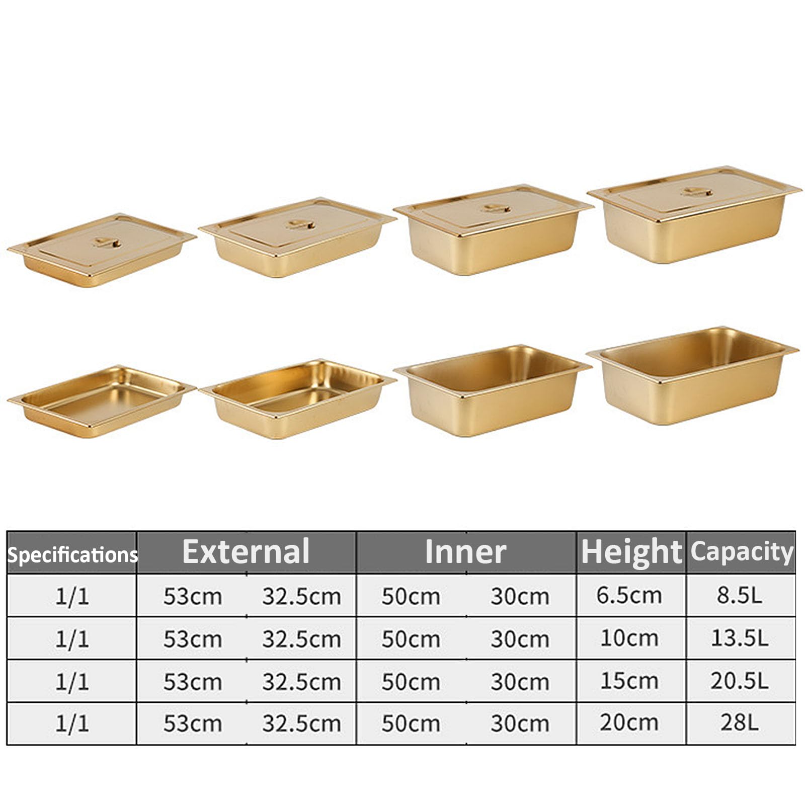Inless Steel Gastronorm - Utensilios de cocina comerciales para bufé, sartén de mesa de vapor profunda de hotel (tamaño 1/1, 53 x 32,5 cm, 20 cm de profundidad), sin tapa, ideal para catering y