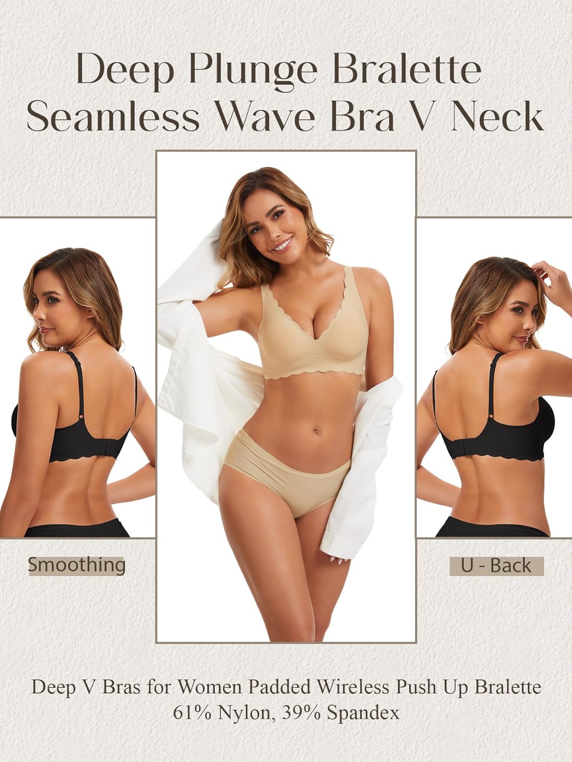 Seamless Wavy Bra Padded Bralette - Deep V Bras for Women Smoothing Back Scalloped Wireless Lifting Soft Jelly Bra - Image 6