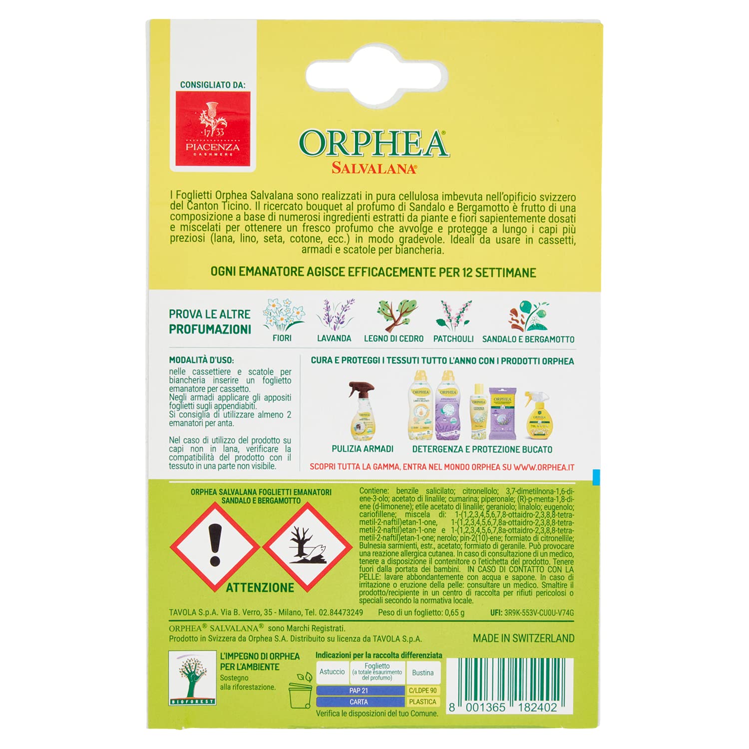 Orphea Salvalana, Foglietti per Cassetti e Armadi, Protegge Lana e Vestiti Tutta la Stagione, Profumo di sandalo e bergamotto, agisce per 12 settimane - 15 Foglietti Emanatori