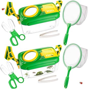 2 Set Bug Catcher for Kids- Educational Bug Catching Kit Including Butterfly Net, Insect Clip, Tweezer, Outdoor Toys for Kids Ages 3-10 Green
