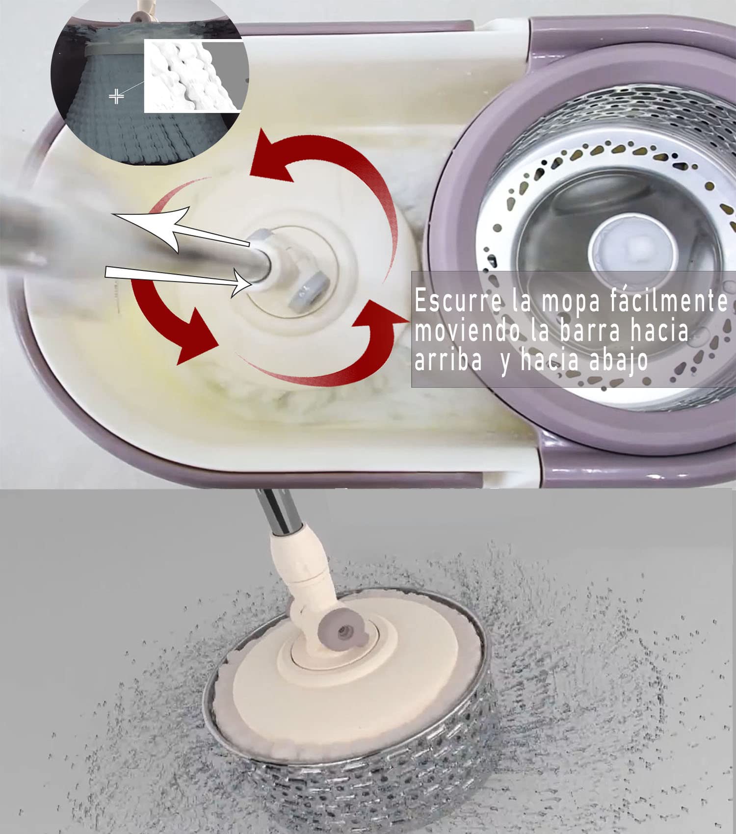 Juego de Fregona y Cubo con Escurridor Automático, Mopa de Microfibra 360° para Limpieza del Hogar, Incluye 1 Repuesto Adicional (Cabeza+ 1 Juego de fregona)