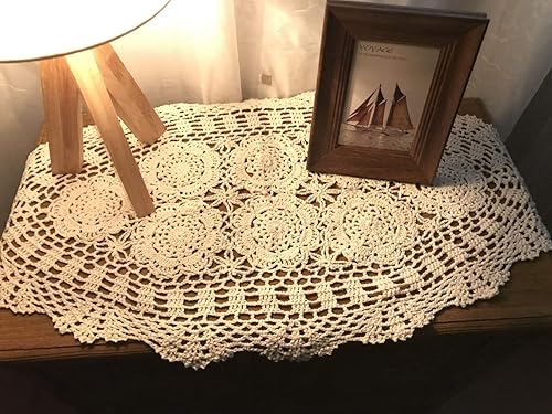 Vista 15 de Damanni Tapete ovalado de algodón hecho a mano con encaje de ganchillo, 15 x 43 pulgadas, color blanco