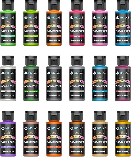 INK LAB Metallic Acrylic Paint Set 18 Colors Non Toxic Metallic Paints for Artists Beginners Painting on Rocks Crafts Canvas Fabric Wood, Rich Pigment & No Fading, 60ml/Bottle