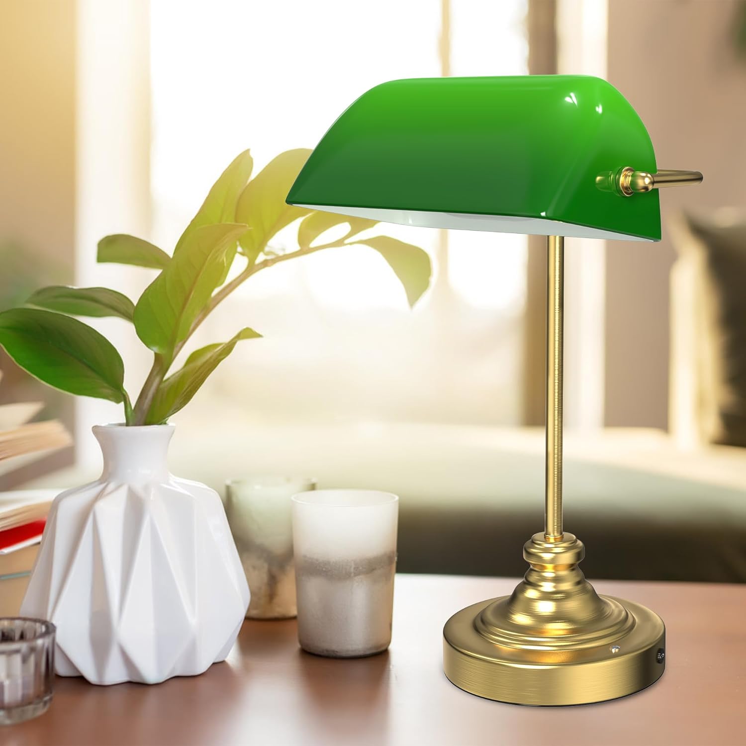 Green Bankers Desk Lamp - Rechargeable Cordless Table Lamp with Dimming, Vintage Library Lamp with Light Bulb Set for Home Office