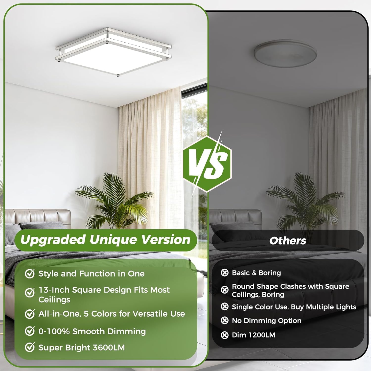 13 Inch Dimmable Square LED Ceiling Lights, 2-Pack 36W Brushed Nickel Flush Mount Light Fixtures, 3200LM Super Bright 2700K-6500K Adjustable Modern Ceiling Lamps for Bedroom Kitchen Bathroom Hallway