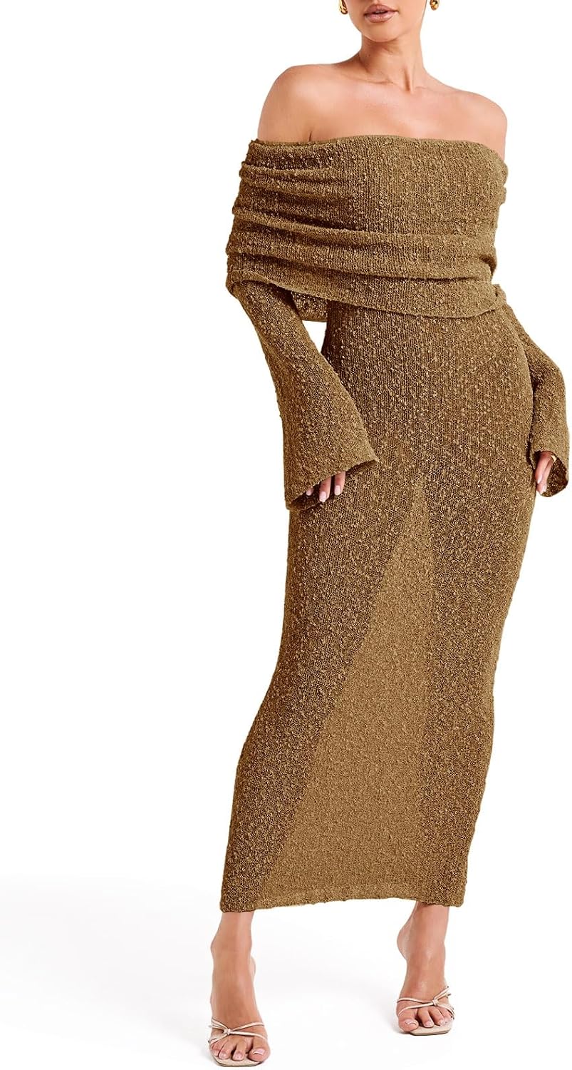 Saodimallsu Womens Off Shoulder Summer Maxi Dress Bell Long Sleeve Sexy Bodycon Strapless Sheer Beach Swimsuit Coverup