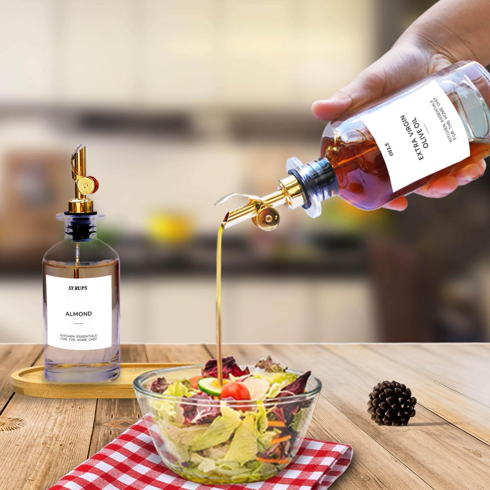 Set 2 Distributeurs D'huile Et Vinaigre En Verre - Bec Verseur Automatique Et Plateau Bambou