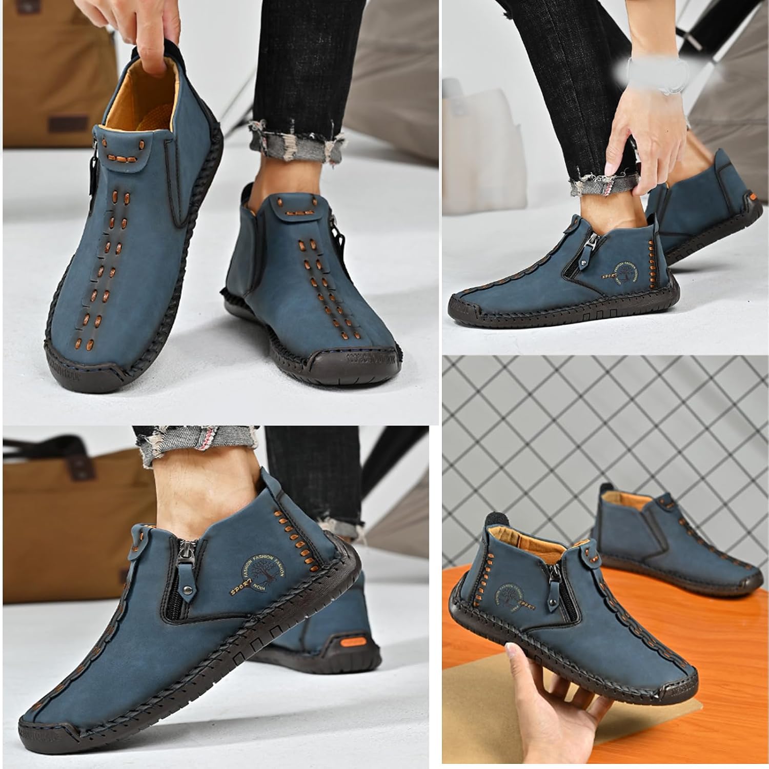 Mens Loafers Slip On Casual Shoes Leather Flat Penny Loafers Outdoor Lightweight Breathable Walking Driving Shoes Comfort Classic Hand Stitching Anti Slip Round Toe Shoes