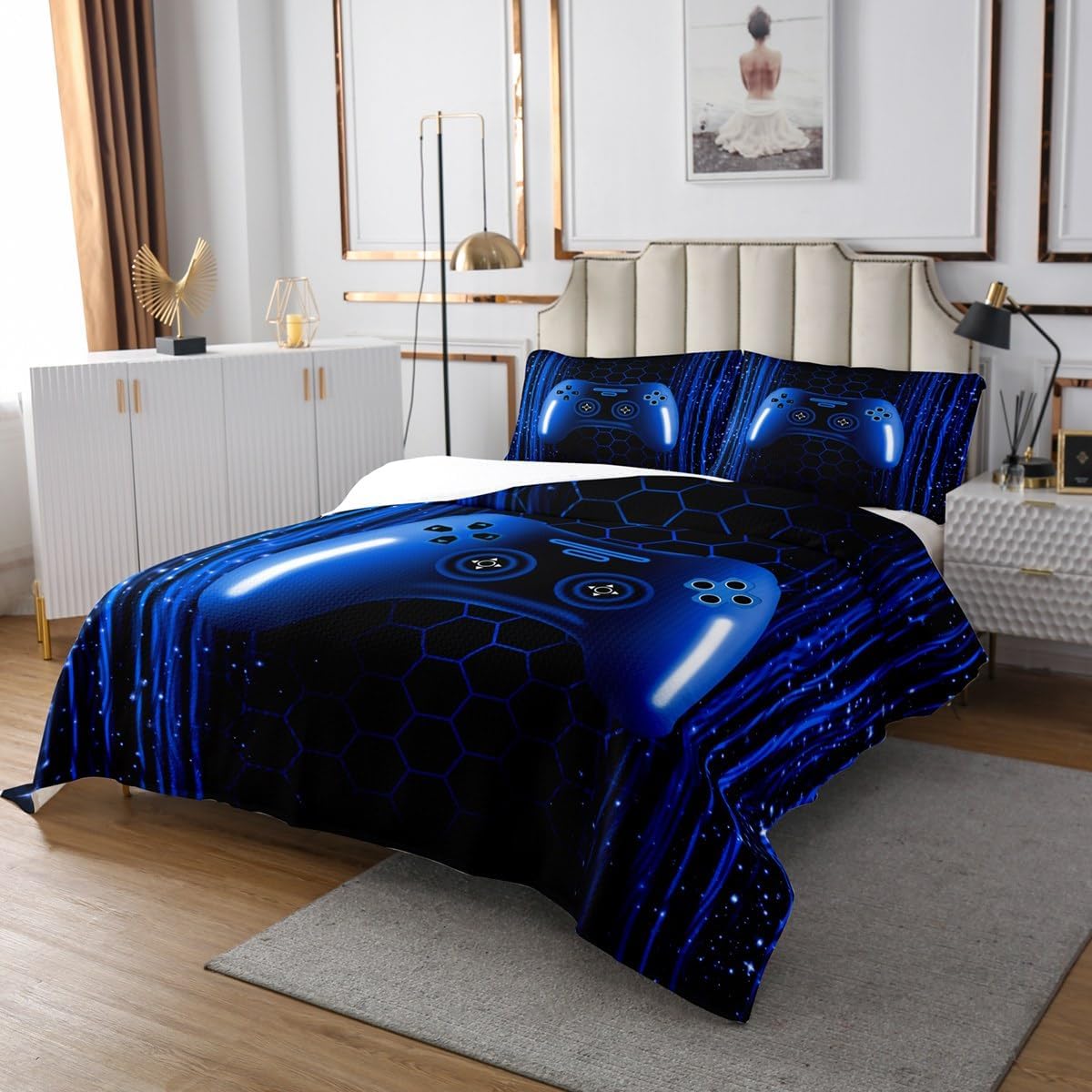 Erosebridal Kids Gamer King Bedding Sets for Boys Bedroom Neon Lights Dark Blue Gaming Bedspread Set for Kids Teens Game Console Striped Honeycomb Hexagon Coverlet Set Geometric Bed