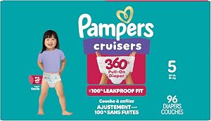 Pampers Diapers - Cruisers 360° - Size 5, up to 100% Leakproof Fit, Designed for Active Babies, Pull On Diaper, EZ Off Tabs Designed for Easy Changes, 1 Pack (Count of 96)