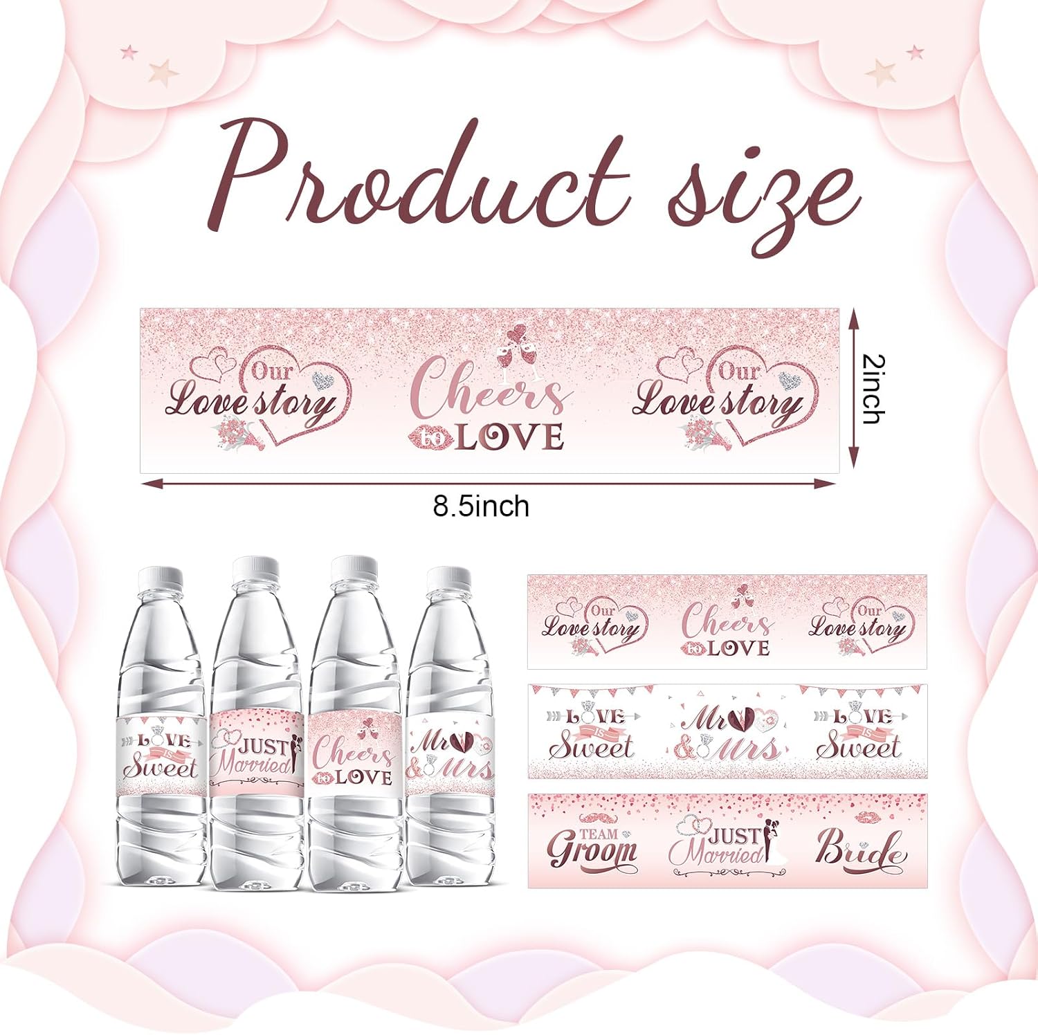 Crtiin 72 Pcs Wedding Water Bottle Labels Pink Heart Water Bottle Wraps Sticker Cheers to Love Labels Stickers for Mr and Mrs Bridal Shower Wedding Anniversary Party Supplies