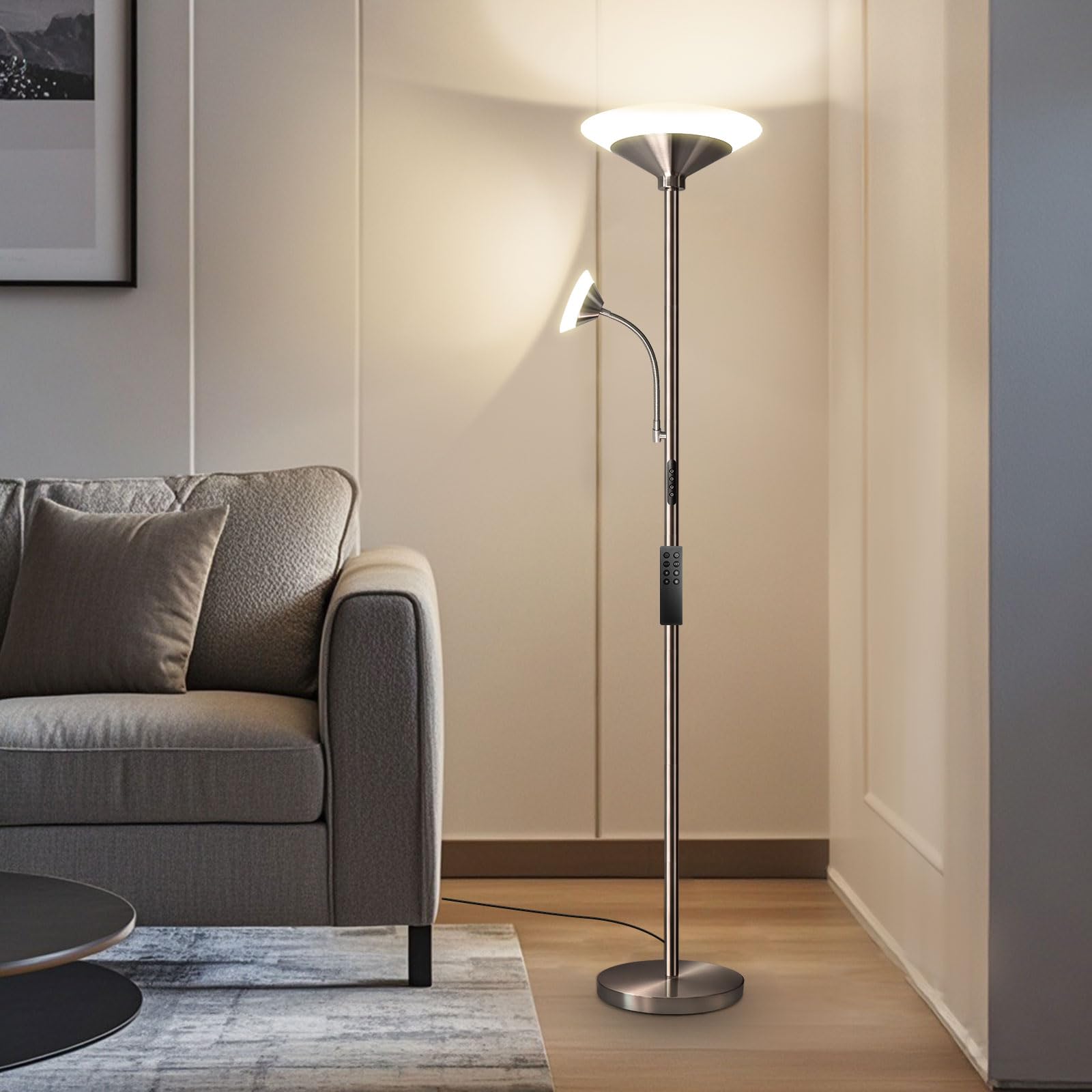 BBHome Stehlampe Wohnzimmer LED, 27W Deckenfluter LED Dimmbar mit 6W leselampe, 3000K-6500K Moderne Dimmbar Stehlampe mit Fernbedienung & Berührung für Wohnzimmer, Schlafzimmer, Büro (silber)