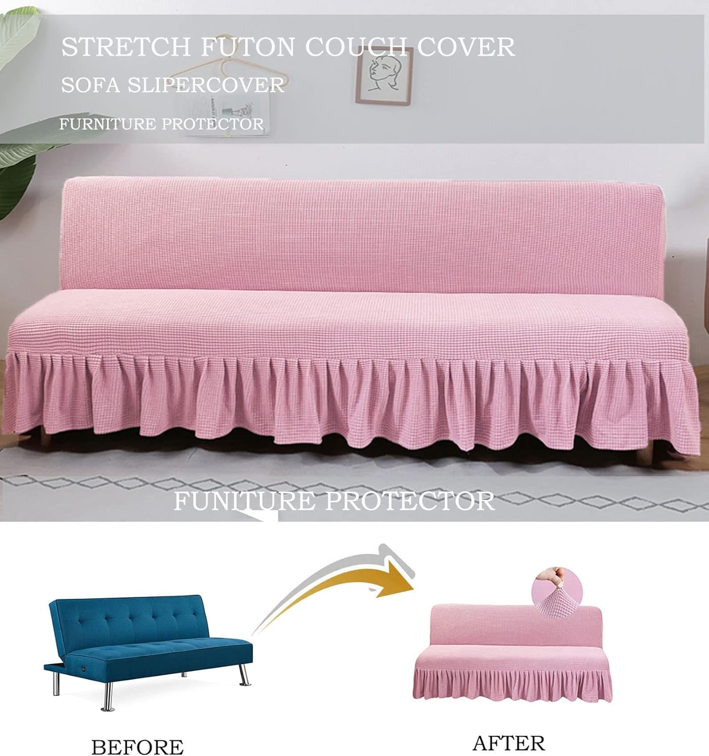 Armless Stretch Futon Covers with Skirt Soft Jacquard Sofa Bed Cover with Elastic Bottom Machine Washable Stain Resistant (Pink, Medium (Length 59"-70.5"))