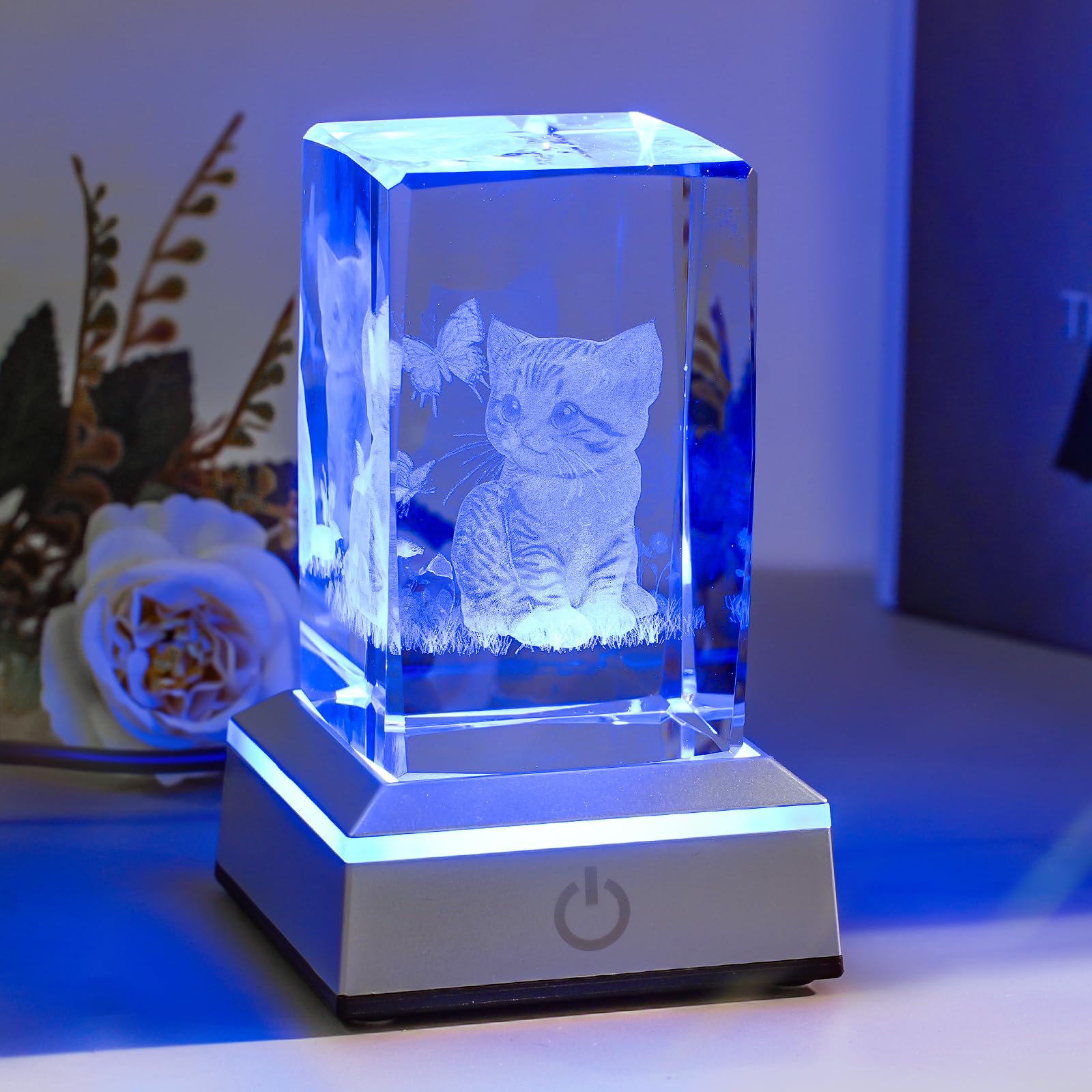 Luz nocturna de cristal 3D con base LED multicolor grabada con láser, regalo para mujeres, amantes de los gatos, cumpleaños, Navidad, decoración de habitación
