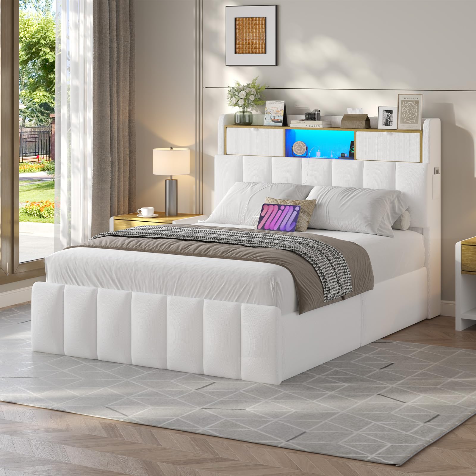 DICTAC Bett 140x200 mit Lattenrost & LED Beleuchtung – Stauraumbett mit Bettkasten, Polsterkopfteil & USB Ladestation – Weißes Polsterbett 140x200, Doppelbett für Jugendliche & Erwachsene