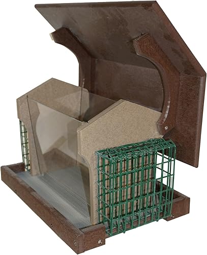 Miniatura 3 de Comedero grande de plástico de polietileno para pájaros con dos jaulas de sebo para aves silvestres al aire libre, fabricado en Estados Unidos