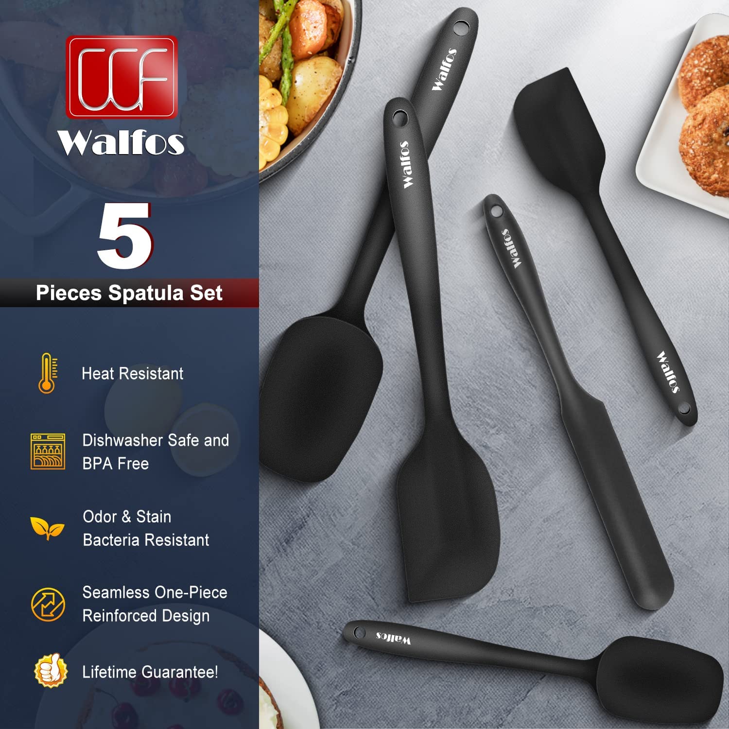 Walfos - Set di 5 spatole in silicone, resistenti al calore, ideale per mescolare e cuocere la cottura – senza BPA e lavabile in lavastoviglie, colore: nero