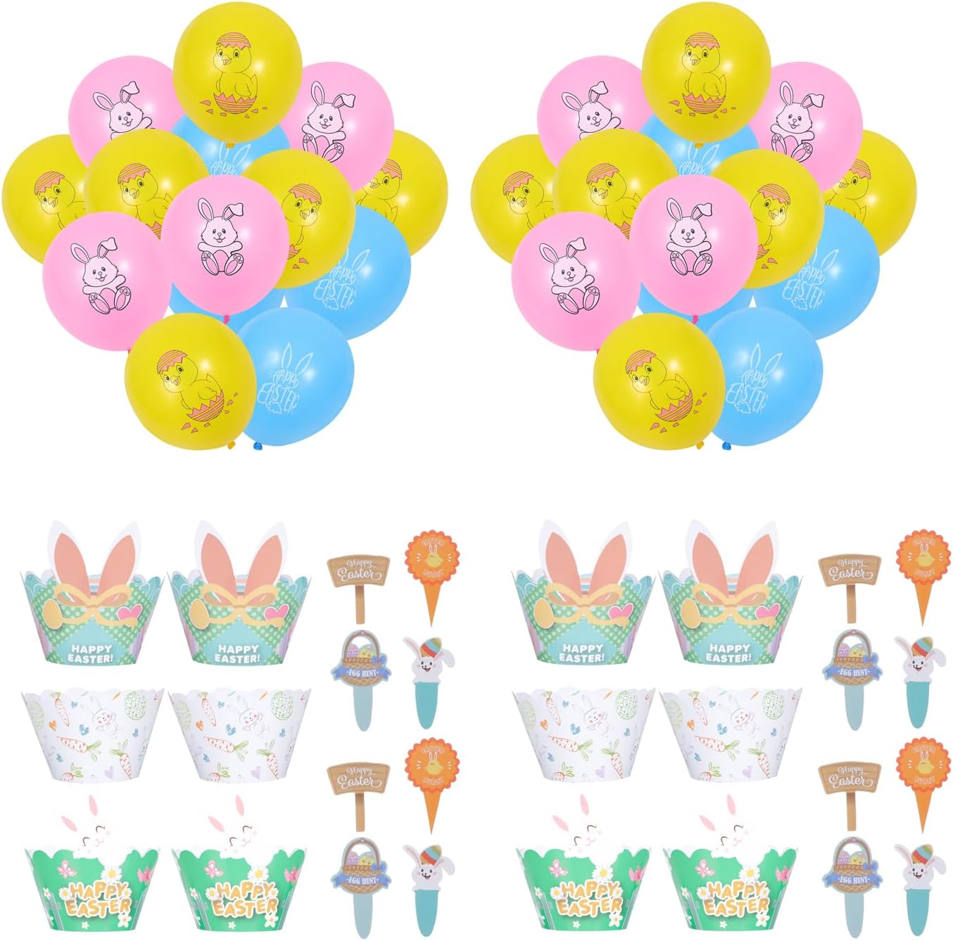 LOGOFUN 144PCS Easter Cake Decorations Wrappers Insert Cards with Bunny Balloons for Spring Holiday Festival Party Supplies
