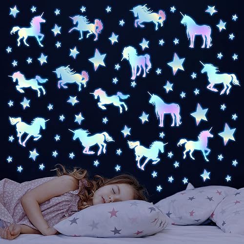 Calcomanías de pared de unicornio que brillan en la oscuridad calcomanías de pared de unicornio para decoración de dormitorio de bebé niñas color