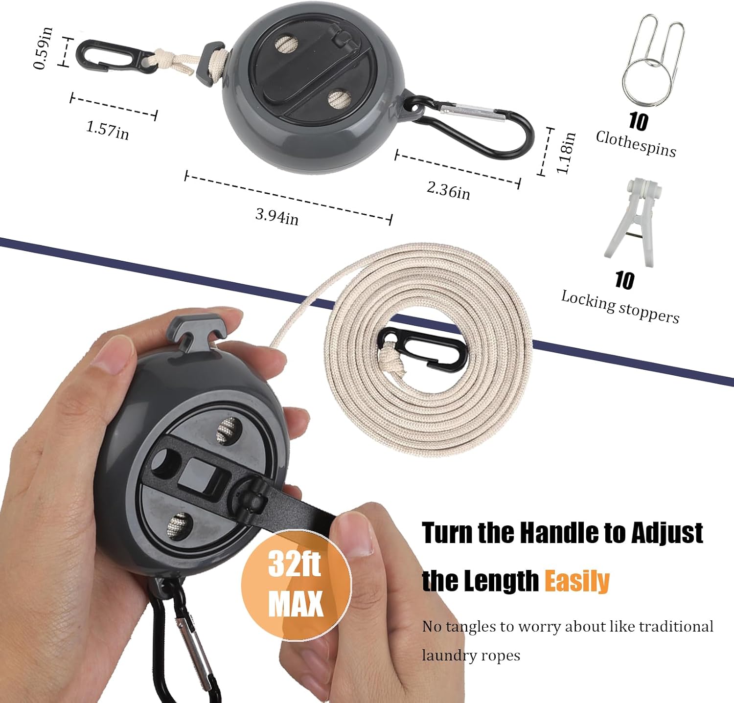 32Ft Portable Travel Clothesline Caudblor Adjustable Camping Clothes Laundry Drying Rope for Hotel Trip, Cruise, Outdoor/Indoor with 10 Windproof Clips, 10 Clothespins, 1 Storage Bag（Black）