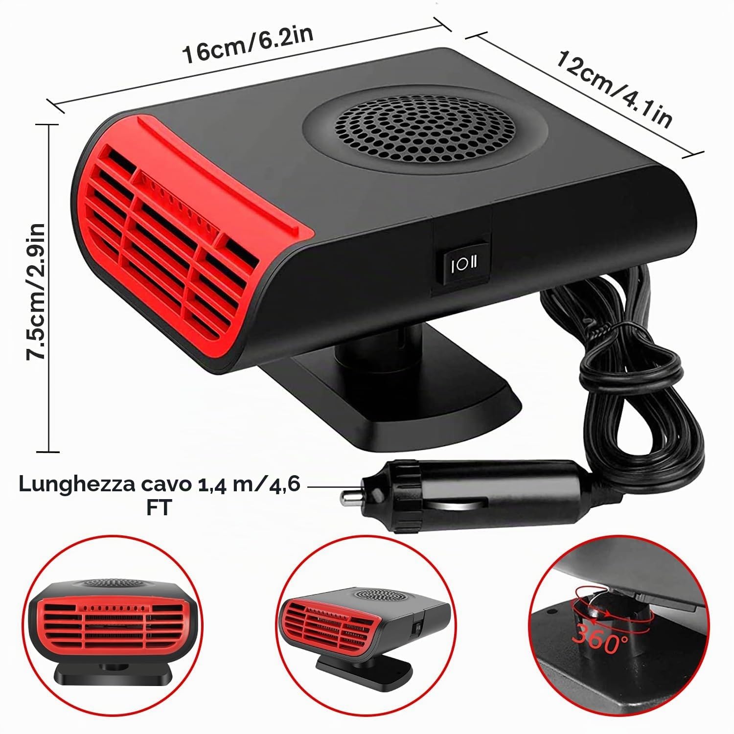 Leaflai Riscaldamento per auto da 12 V – Riscaldamento portatile da 150 W collegato all'accendisigari, ventilatore 2 in 1, sbrinatore per parabrezza per tutte le auto