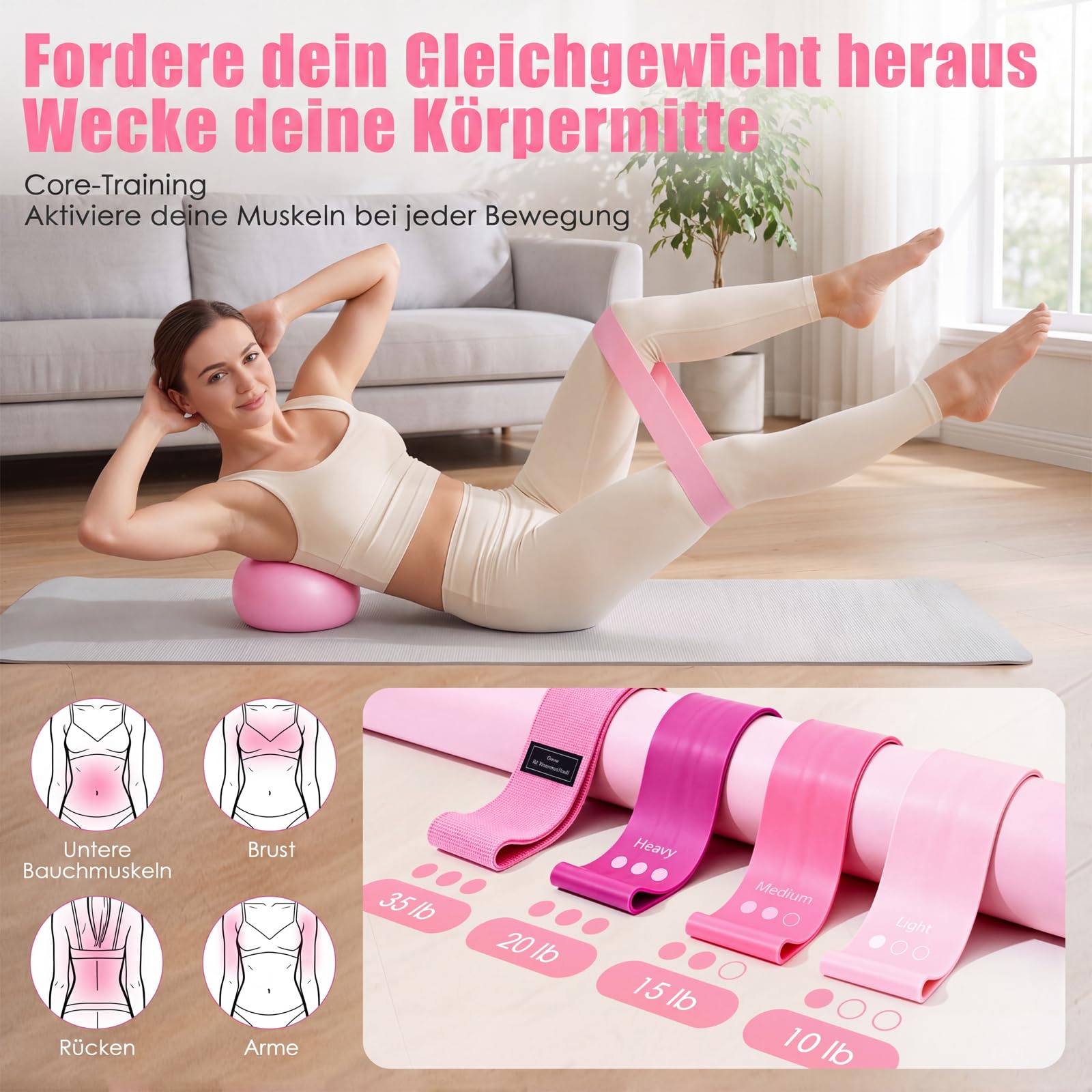 Pilates Set für Damen – Heimtrainings-Set mit Pilates Ring, Fitnessball, Widerstandsbänder mit Knöchelmanschetten, Anti-Rutsch Socken, Massageball – Pilates Zubehör für Yoga & Ganzkörper-Workout