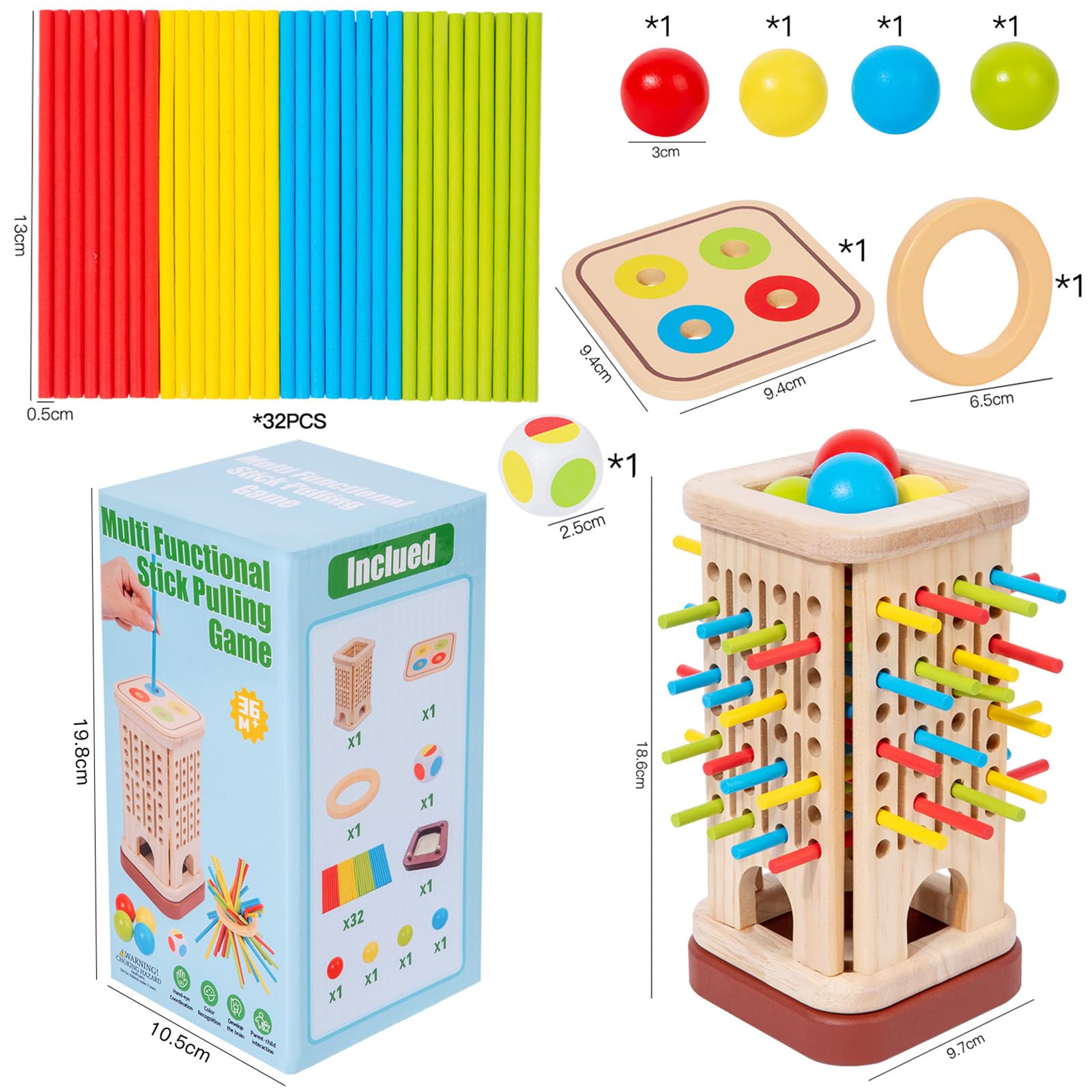 Guopai Montessori Wooden Stick Game for Kids Ages 3+, Fine Motor Skills Toy with 32 Colourful Sticks, Dice & Wooden Box - Image 2