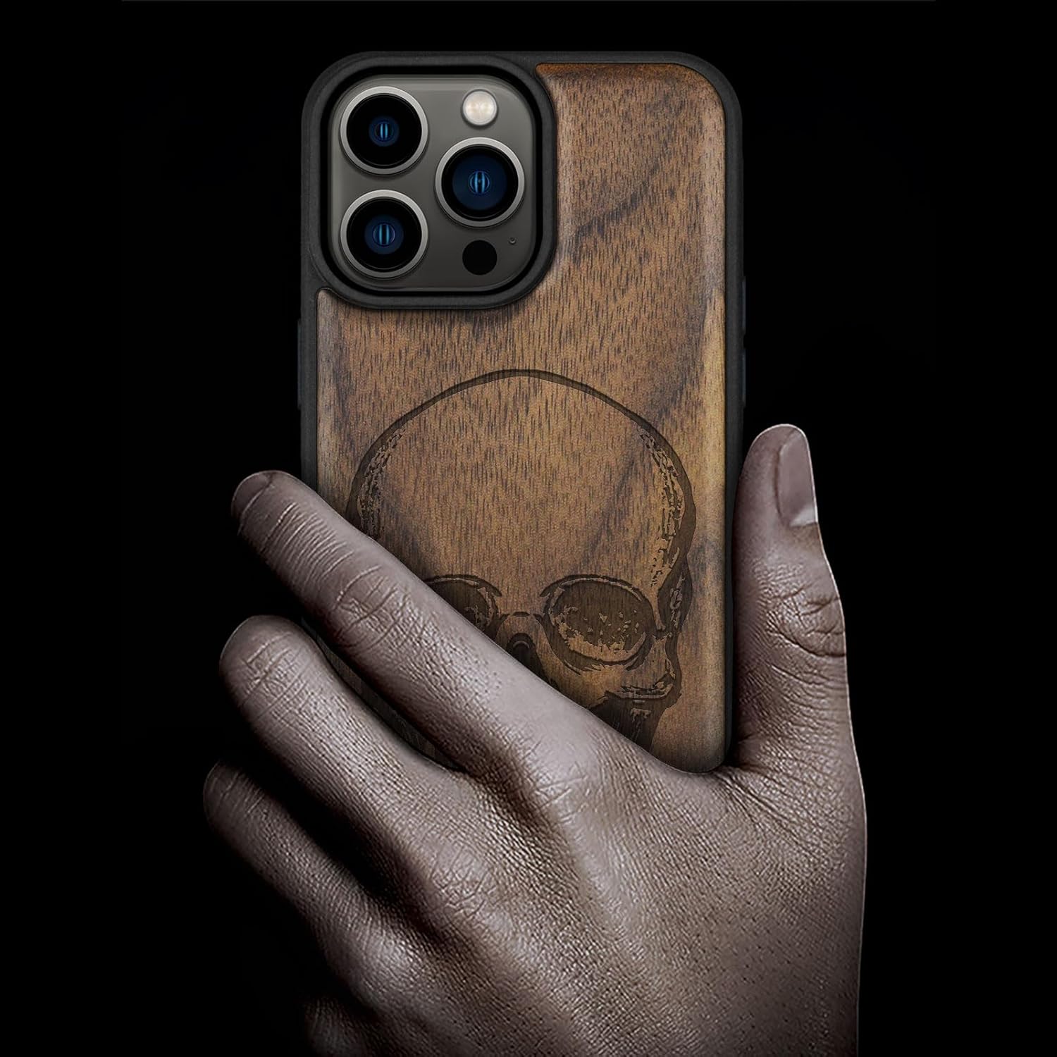 Carveit Magnetic Wood Case for iPhone 14 Pro Max [Natural Wood & Black Soft TPU] Unique & Classy Wooden Shockproof Protective Cover Compatible with magsafe (Shadowed Skull -Walnut)