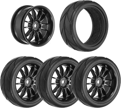 sourcing map 4-Pair High-Grip RC Car Tire & Wheel Set for 1/10 Scale On-Road Touring Cars - Soft Rubber Tyres with 12mm Hubs, Black, Type A