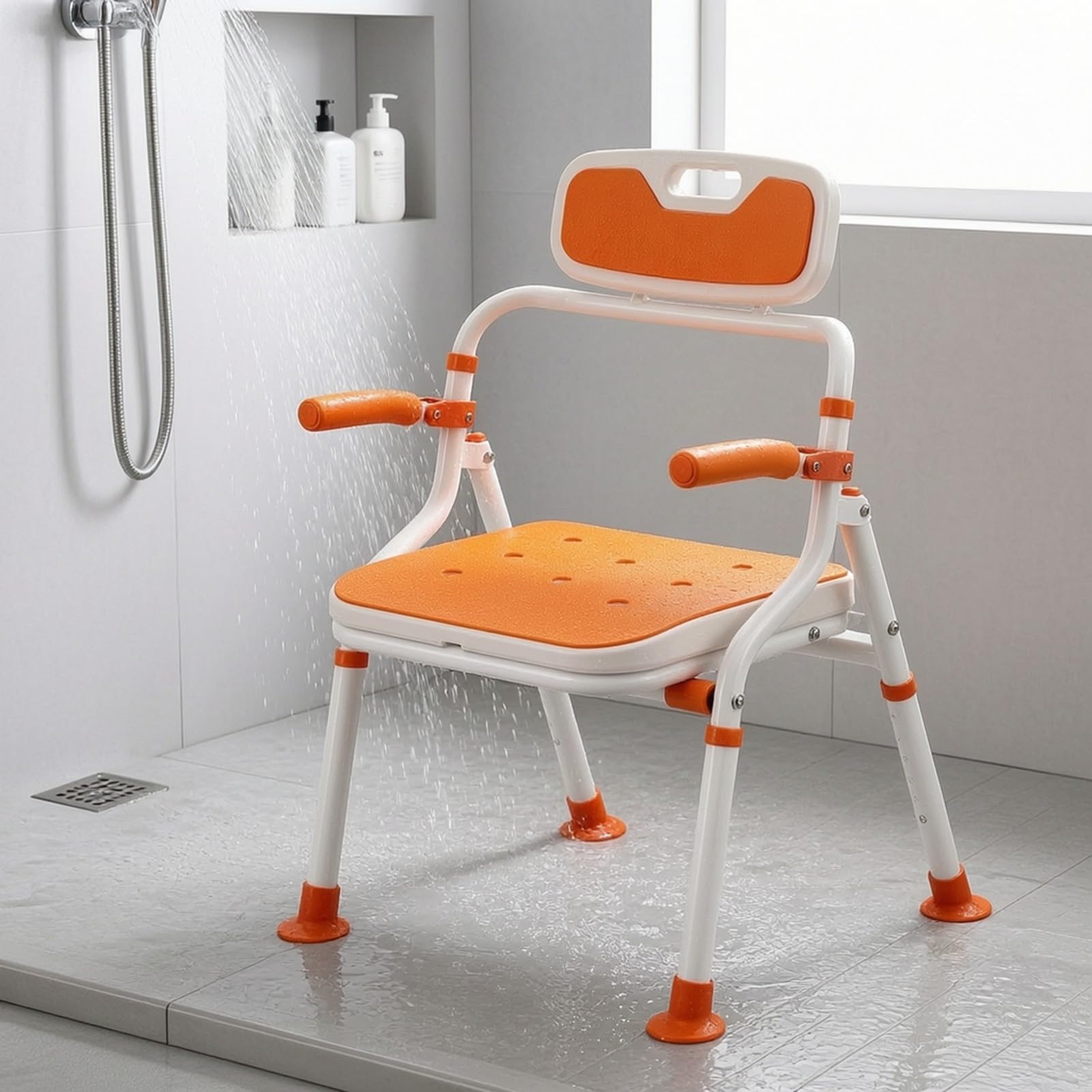 Silla Ducha con Reposabrazos Abatibles Compacto Silla Ducha Plegable Resistente para Uarios Mayores, Espalda