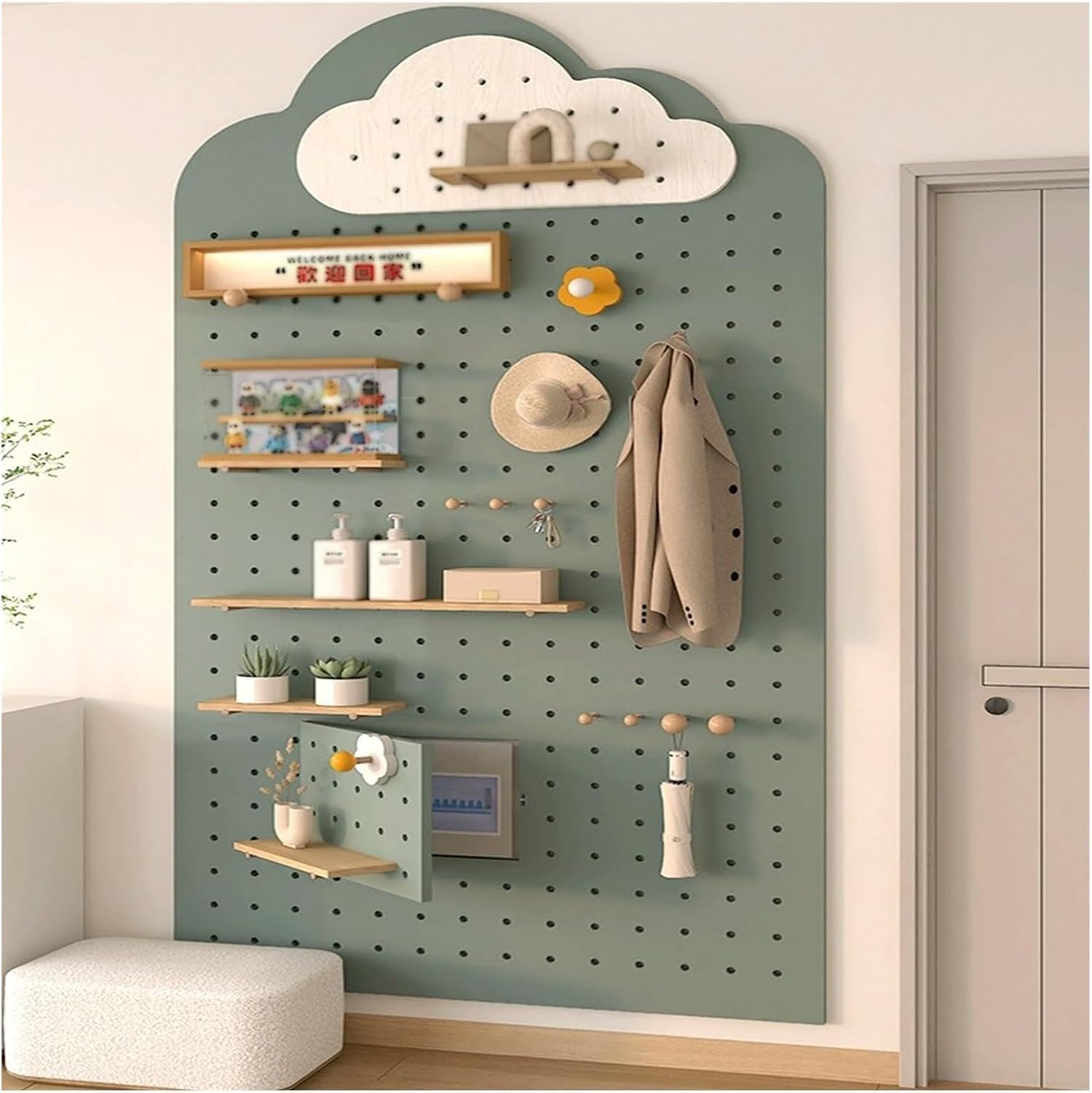 Pegboard Wall Control Regał do przechowywania z litego drewna, laminatu Pegboard Organizer Zestaw do montażu na ścianie wyświetlacza do salonu w kuchni(Grigio)
