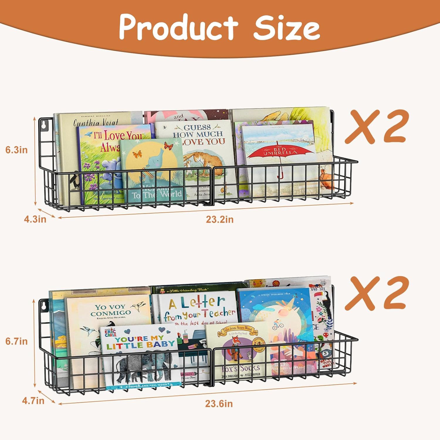 X-cosrack 24 Inch Wall Mounted Kids Bookshelf, Floating Metal Book Shelves for Kids Nursery Toddler Classroom, Hanging Book Shelf Organizer for Room Decor, Black, Set of 4