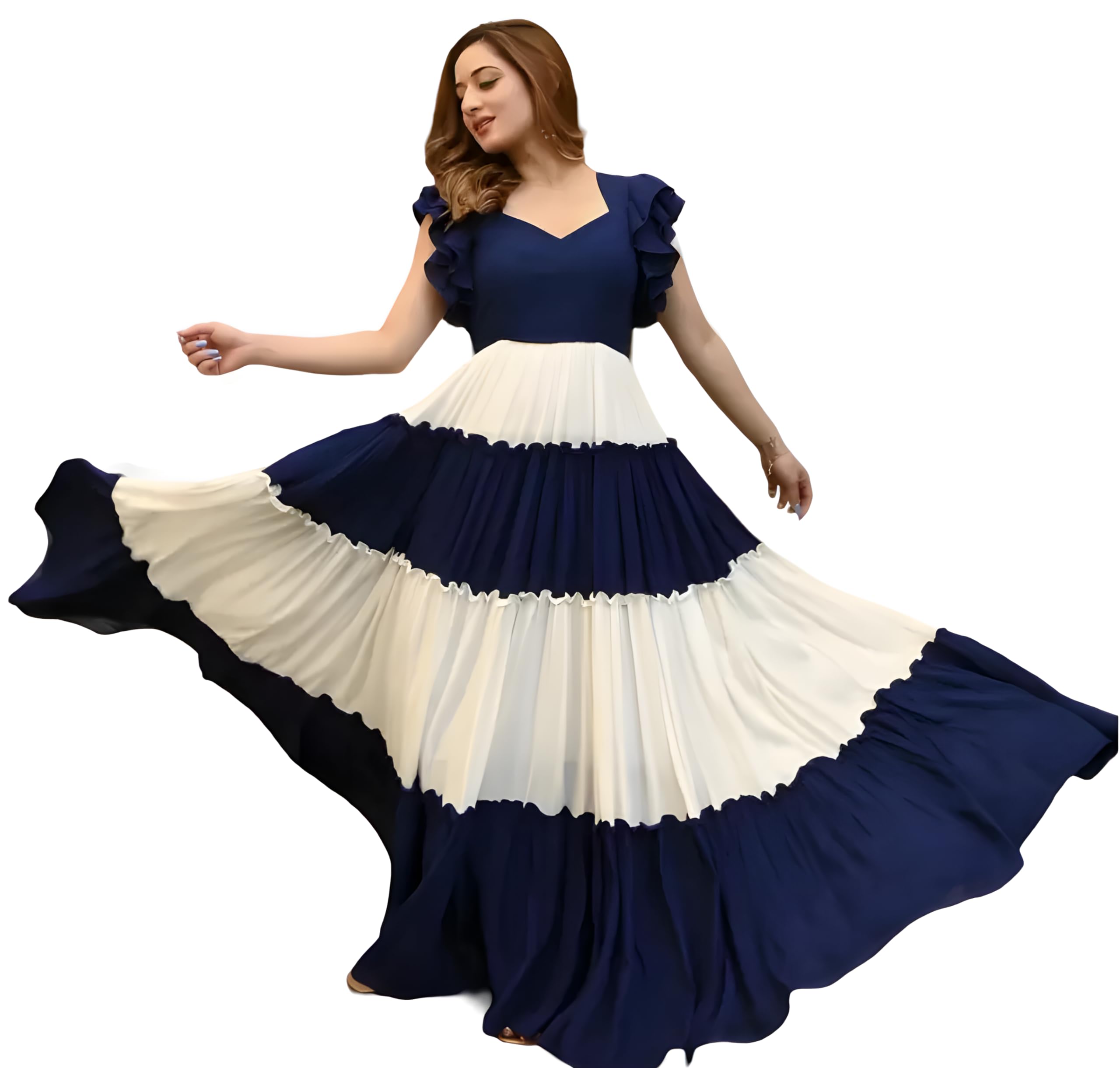 Women's Rayon Solid Dual Colored Ankle Length Fit and Flared Puff Sleeve Anarakli Dress