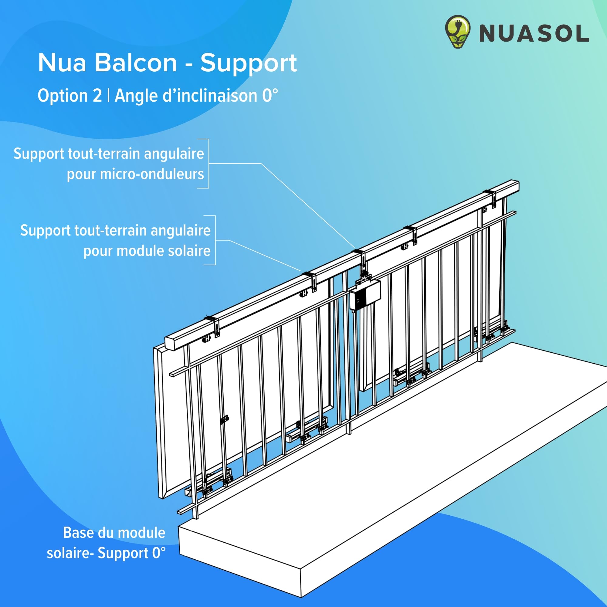 Support de balustrade pour balcon Fixation pour 2 panneaux solaires et un onduleur photovoltaïque | Angle d'inclinaison 0° & 25-45°| Largeur de balustrade jusqu'à 80x80mm, argenté