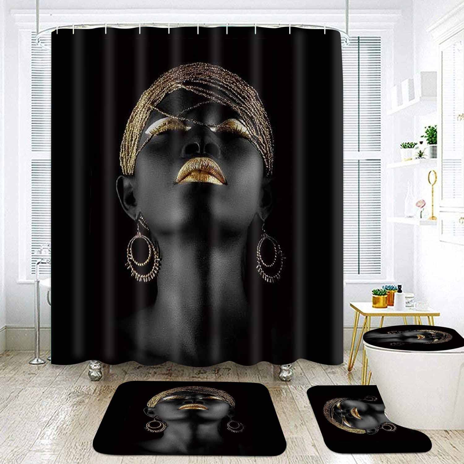 NTETSN 4 Pieces Sexy African Girl Woman Shower Curtain Set Black Background Bathroom 4 PCS Set with Curtain 72x72 Inch, Non-Slip Rug, Toilet Lid, Bath