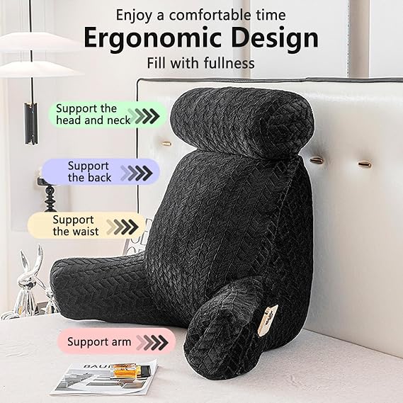 Reading Pillow with Arms,Bed Rest Pillow with Detachable Neck Roll for Sitting in Bed or Couch Adult Back Pillow for Watching TV/Gaming/Relaxing,Back Pillow for Sitting in Bed Memory Foam Pillow