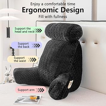Reading Pillow with Arms,Bed Rest Pillow with Detachable Neck Roll for Sitting in Bed or Couch Adult Back Pillow for Watching TV/Gaming/Relaxing,Back Pillow for Sitting in Bed Memory Foam Pillow