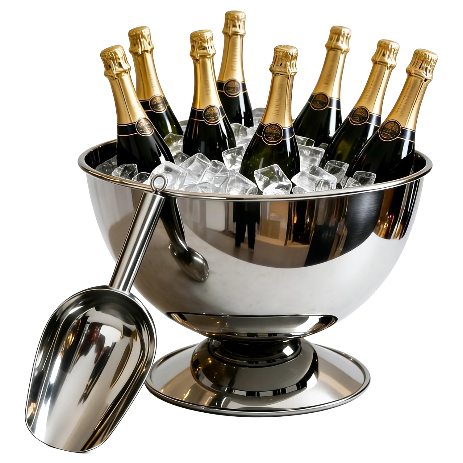 View 1 of 12L Large Stainless Steel Champagne Ice Bucket with Ice Scoop, Mirror Polished Punch Bowl with Detachable Stable Base, Holds Up to 10 Bottles for Parties, Weddings, Banquets and Restaurants