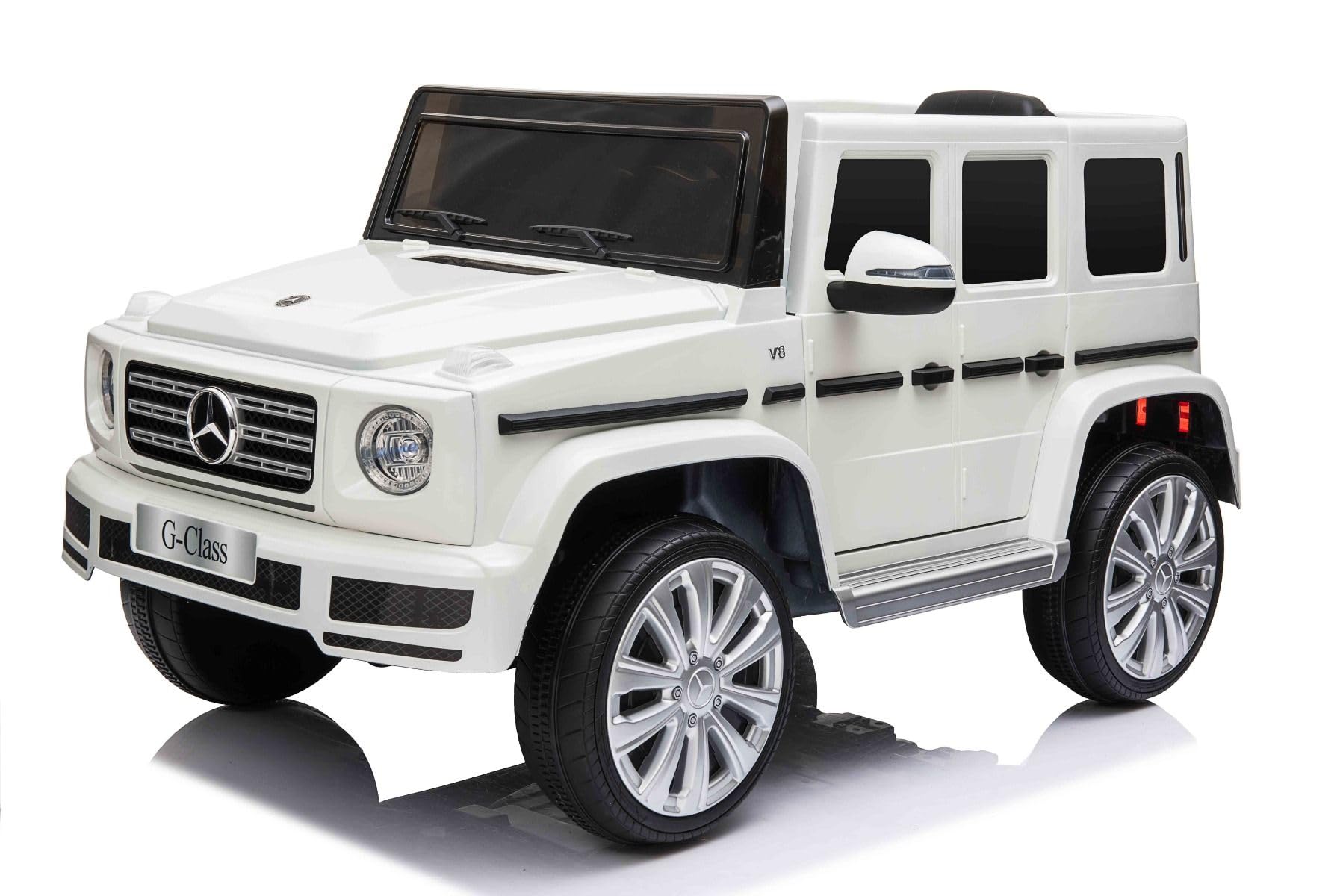 RIRICAR Samochód elektryczny Mercedes G500 12V, biały, pilot 2,4 GHz, wejście USB/SD, tylne zawieszenie, bateria litowa, oświetlenie LED, oryginalna licencja