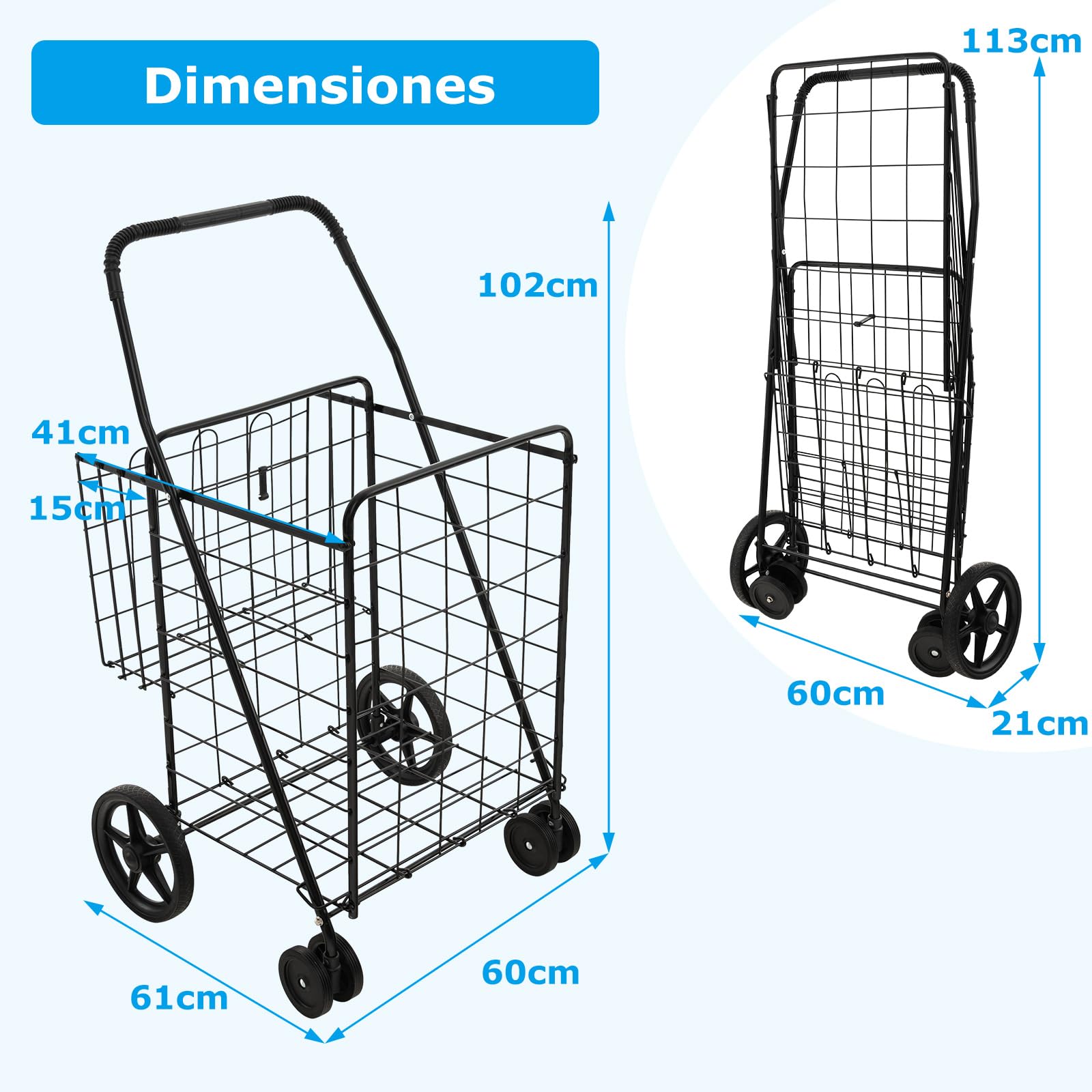 COSTWAYCarro Plegable con 2 Cestas, Compra 4 Cuedas, Forro Oxford Impermeable, 120 L, Metal, Asa Antideslizante, Soporta hasta 40 kg para Supermercado