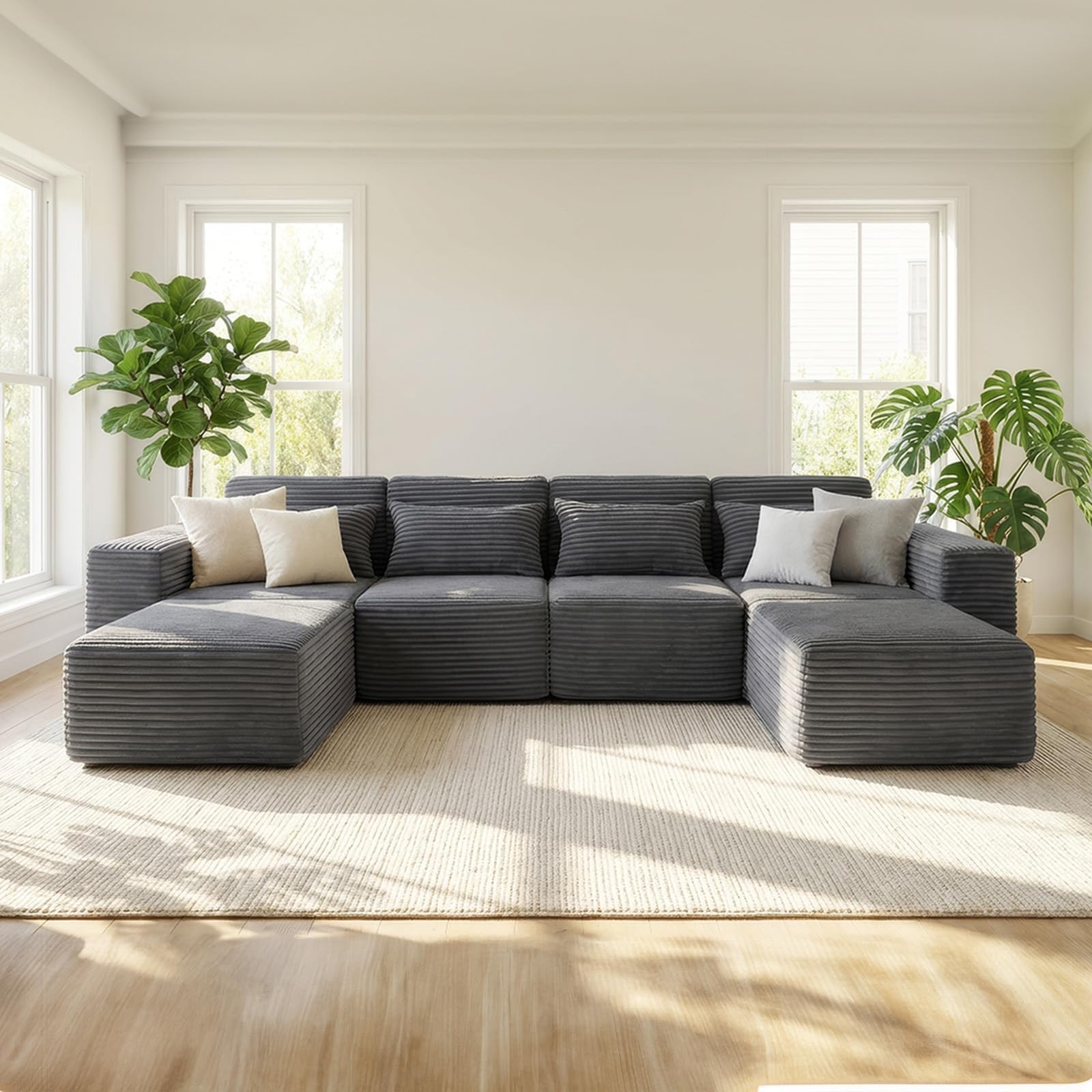135" Boneless Couch with Deep Seat, Modular U-Shaped Sectional Sofa, Oversized 4-Seater Full-Foam Cloud Couch for Living Room, Compressed Sofa with Movable Ottoman, No Assembly Required, Gray Corduroy