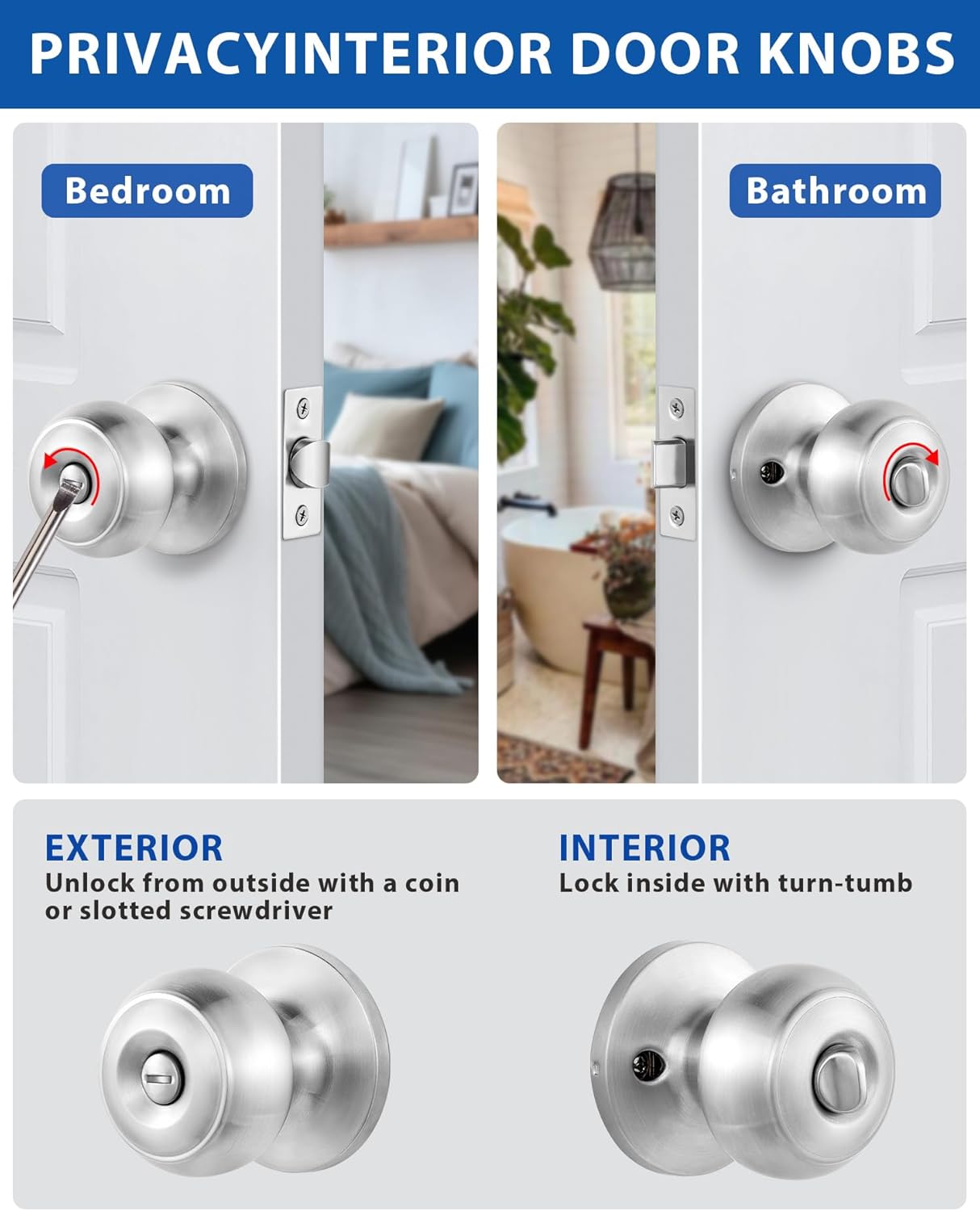 Lanwandeng 6 Pack Interior Door Knobs for Bedroom or Bathroom Keyless, Brushed Nickel Privacy Door Knob, Round Ball Bath/Bed Door Locks